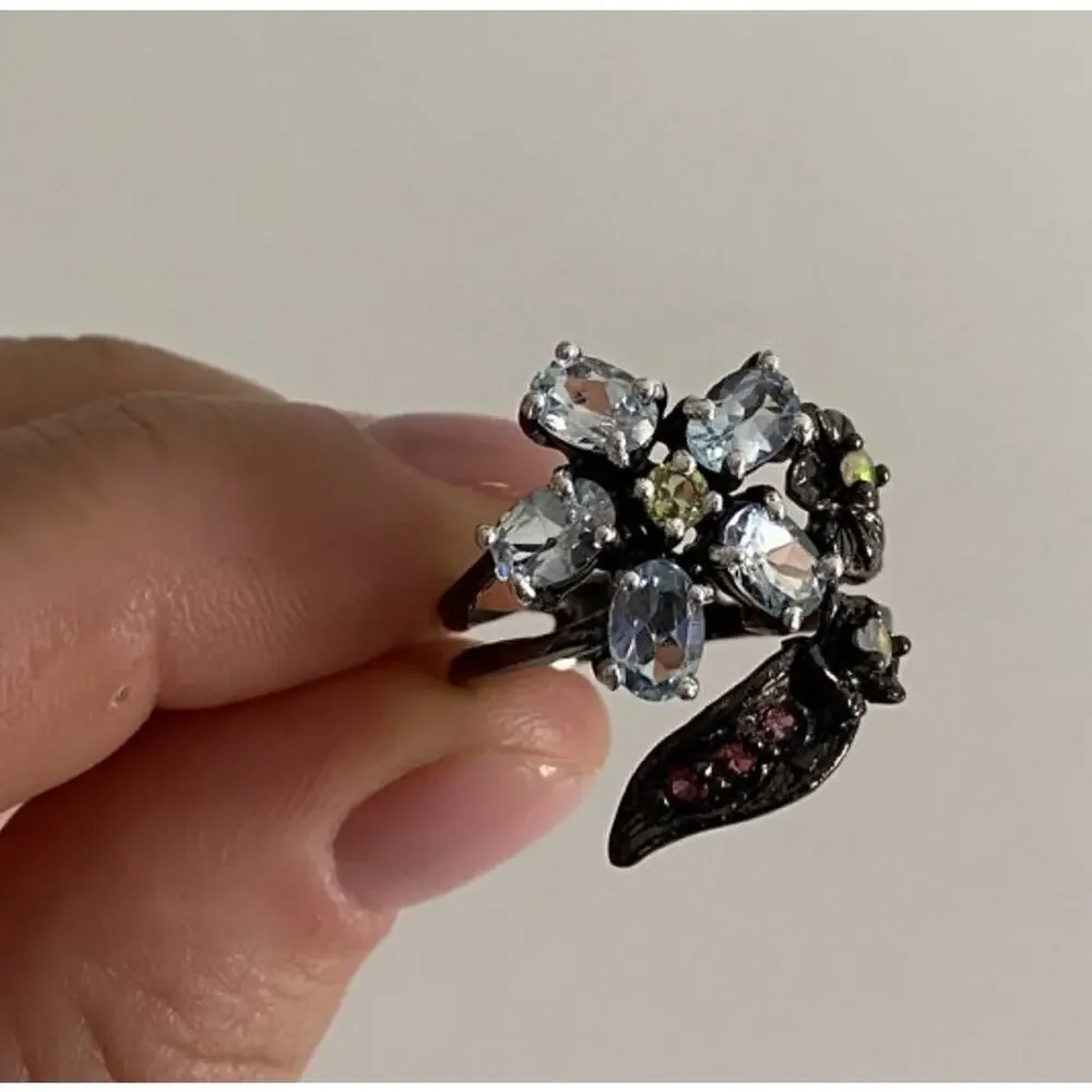 925 Blackened Silver Topaz, Garnet, Peridot & Opal Ring Size 8